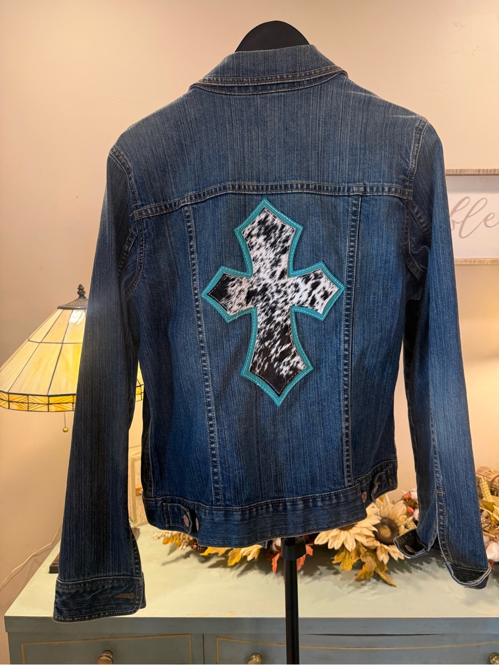 Old Navy Denim Jacket Cow Print Cross Turquoise Western Upcycled L